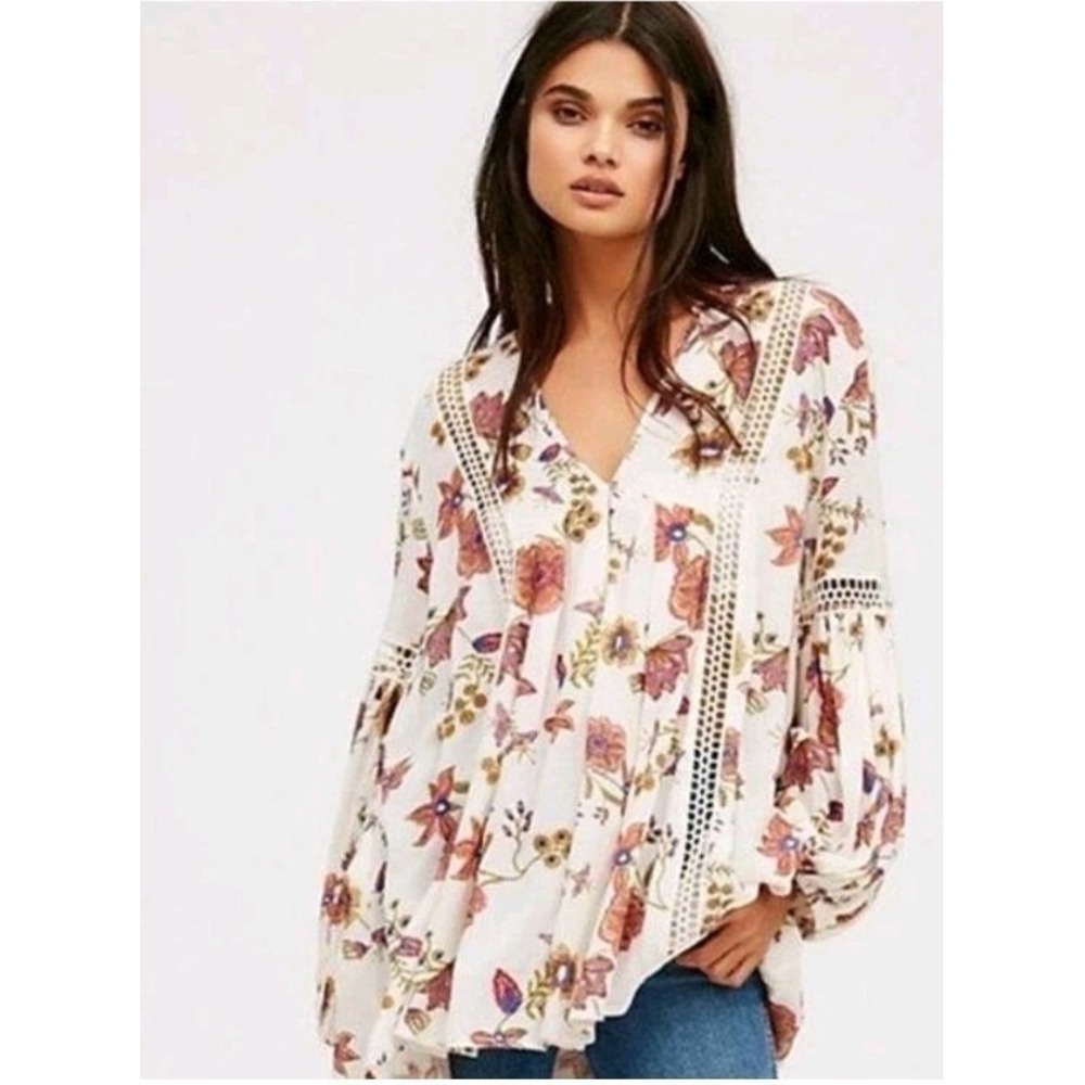 Free People Just The Two Of Us Floral Crochet Tunic Dress XS Boho Bell Sleeve